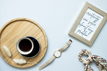 Styled Desktop Top View Feminine Workspace