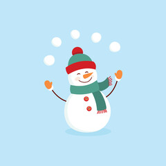 Funny cartoon snowman, postcard, illustration with a snowman on a blue background