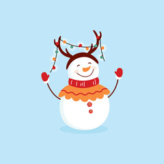 Funny cartoon snowman, postcard, illustration with a snowman on a blue background