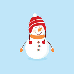 Funny cartoon snowman, postcard, illustration with a snowman on a blue background