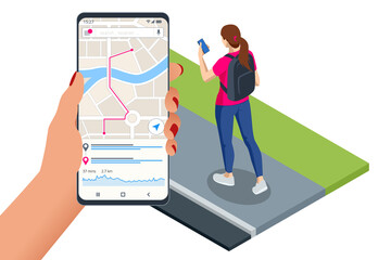 Isometric gps navigation concept. Tourist traveling using his smartphone with previously saved favorite places on map. City map route navigation smartphone, phone point marker.