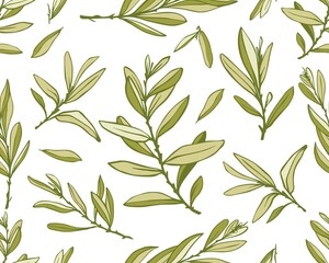 seamless pattern with olive tree branches with leaves, color flat illustration of a plant, stylized vector graphics