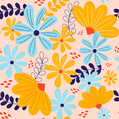 Seamless pattern with orange and blue flowers. Bright colors. Vector illustration background. EPS10.
