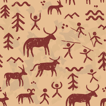 Cave paintings vector seamless pattern, repetitive background inspired by prehistoric art with cavemen hunting animals
