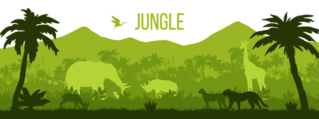 Jungle vector forest silhouette background, tropical rainforest landscape, tree outlines, leopard, rhino. Africa wildlife nature illustration, elephant, giraffe, palms. Jungle green silhouette clipart © Oleksandra