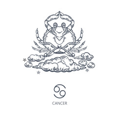 Cancer zodiac sign. Cancer sits in the lotus position. Yoga. Astrology.