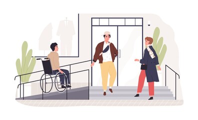 Person on wheel chair moving to accessible building entrance with ramp. Wheelchair-friendly city environment. Disabled people inclusion concept. Flat vector illustration isolated on white background