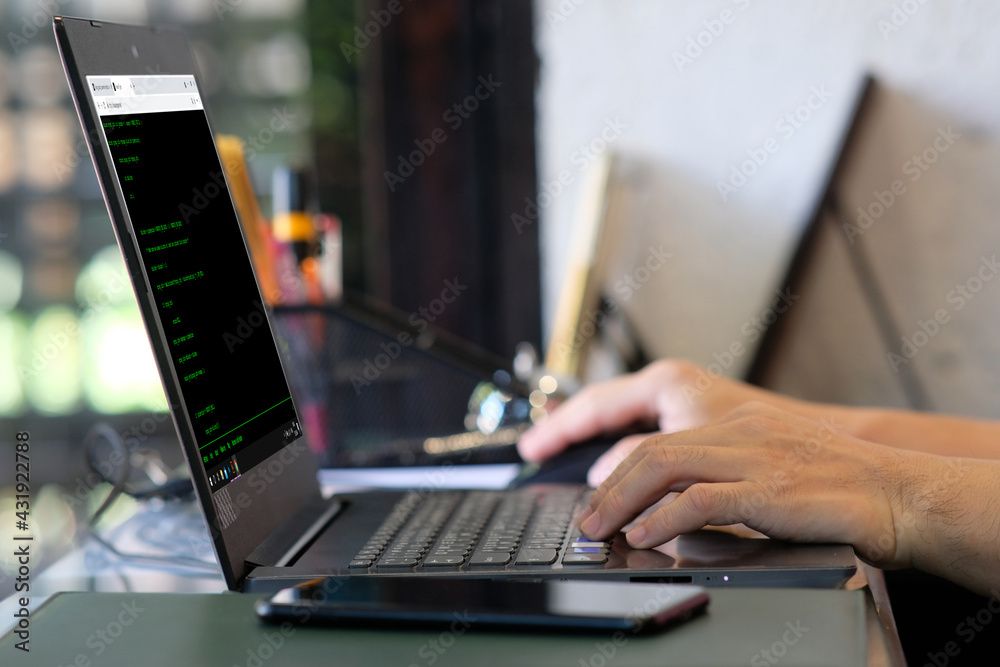 Poster businessman working laptop computer with big data analytics visualization technology with business a