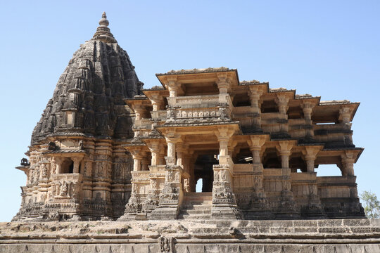 Kandariya Mahadev Temple of Khajuraho against the clear blue sky in summer
