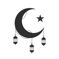 eid mubarak concept, crescent moon with decorative lanters hanging over white background