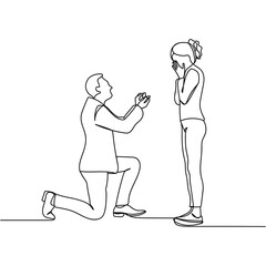 Continuous one line of man with engagement ring making proposal to his beloved girlfriend in silhouette. Minimal style. Perfect for cards, party invitations, posters, stickers, clothing.