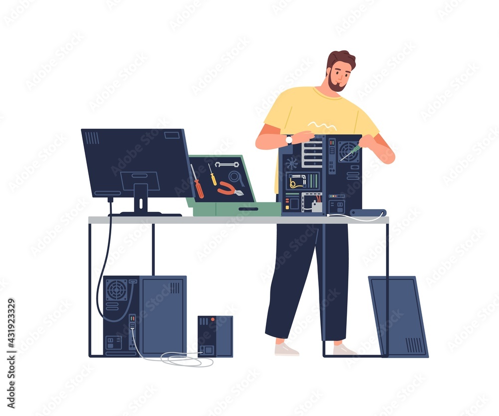Aufkleber Sysadmin repairing computer. Technician mending PC hardware. Repairman working with system unit and tools. Colored flat vector illustration of technical specialist isolated on white background