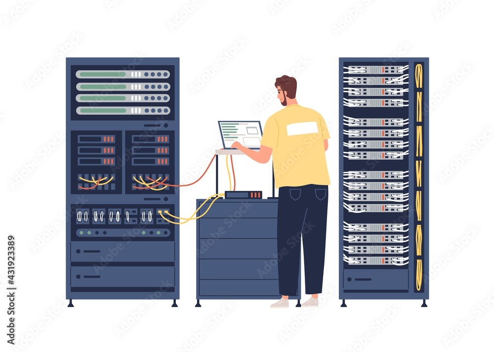 Poster Sysadmin repairing and adjusting network connection. System administrator working with server rack cabinets and computer. Colored flat graphic vector illustration isolated on white background