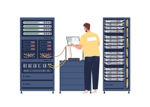 Sysadmin repairing and adjusting network connection. System administrator working with server rack cabinets and computer. Colored flat graphic vector illustration isolated on white background