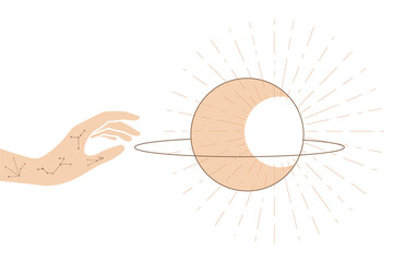 Abstract composition with saturn and hand with constellation. © ninafedorova
