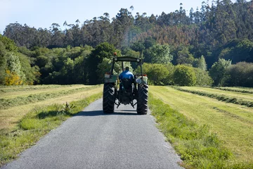 Tuinposter Scène van een oude tractor van achteren gezien op een weg in een landelijk gebied. Galicië, Spanje © Formatoriginal