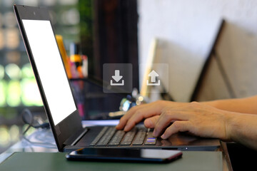 Fototapeta na wymiar Man using on laptop computer and management digital data concept
