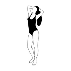 Linear female figure in swimsuit. Young woman standing and sunbathing.