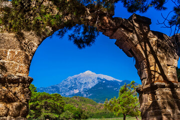 mount and ancient aqueduct in turkey on a sunny summer day