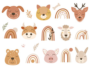 Woodland clipart with baby animal faces and rainbows. Vector illustration.