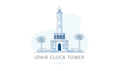 Izmir Clock Tower. The famous landmark of Izmir, tourists attraction place, skyline vector illustration, line graphics for web pages, mobile apps and polygraphy. - obrazy, fototapety, plakaty