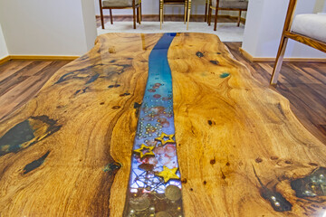 Interior design closeup of polished wooden table