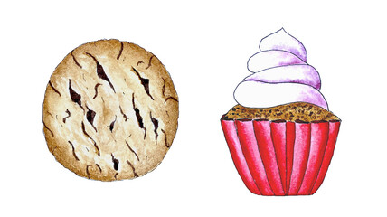 Hand drawn set of sweets, cookie, cupcake by watercolor