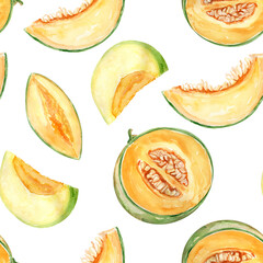 Melon sweet sliced watercolor seamless pattern. Template for decorating designs and illustrations.
