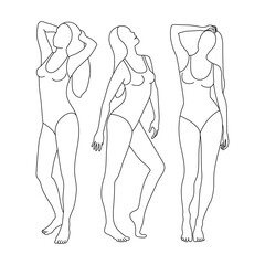 Set of linear female figures in swimsuits. Young women standing and sunbathing.
