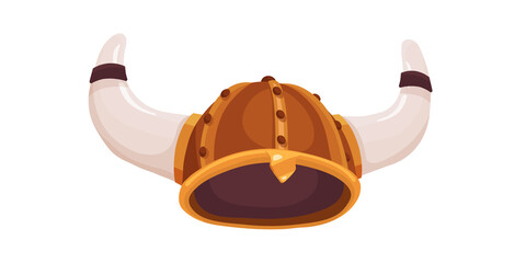 Viking helmet. Head protective gear. Horns. Gold. Metal. Skin. Vector illustration in cartoon style on a white background.