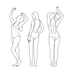 Set of linear female figures in swimsuits. Young women standing and sunbathing.