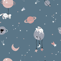 Lovely hand drawn space seamless pattern with bunnies, planets and stars, cute background, great for textiles, bed linen, wallpapers, banners, wrapping - vector design