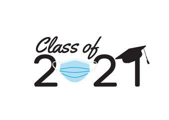 Class of 2021 logo with text, numbers, face mask and academic cap illustrations on White background