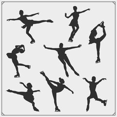 Figure ice skating set emblems. Beautiful women, silhouettes of figure skaters. 