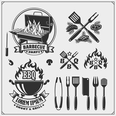 BBQ and grill emblems set. Barbecue labels, badges and design elements. 