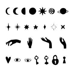 Set of moon, planets, stars, hands, eyes, key, heart, keyhole, lock.