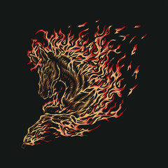 Fire horse, hand drawn line style with digital color, vector illustration