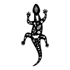 Fototapeta na wymiar Black silhouette of lizard with white moon, floral elements.