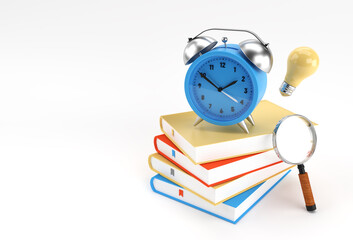 3D Render Clock with books in minimal style Illustration.