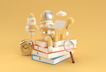 Astronaut sitting on Stack of books with working on laptop 3D Render Illustration. © Redshinestudio