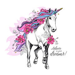 Portrait of a magical unicorn with a bright colored starry mane, horn, tail and a pink flowers. Poster, t-shirt composition, handmade print. Vector illustration.
