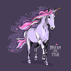 Magical violet unicorn with a bright pink starry mane, tail and a colored horn on a night background. Dream come true- lettering quote. Poster, t-shirt composition, handmade print. Vector illustration