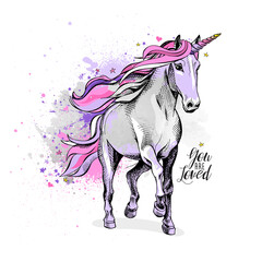 Fototapeta premium Magical light violet unicorn with a bright pink mane, tail and a colored horn on a starry background. You are loved - lettering quote. Poster, t-shirt composition, handmade print. Vector illustration.