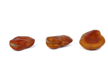 Three brown broad or fava beans isolated on white background