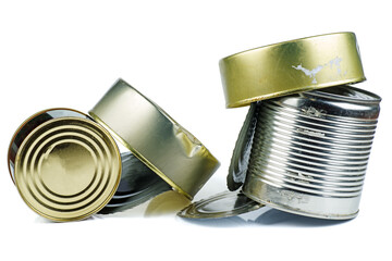 Old empty tin cans on white background