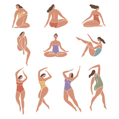 Set of colorful female figures in swimsuits. Minimal trendy vector illustration with silhouette of faceless woman.