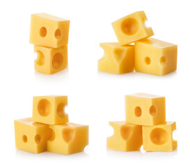 Cheese cubes collection, isolated on white background