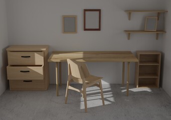 3d render interior room. minimal style design. working desk. home interior design. template for website, wallpaper, and mockup.