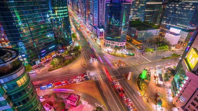 Timelapse Traffic at night in Gangnam Business district.Seoul City, South Korea
