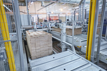 Carpentry factory. Automated equipment for laminate production. Modern robotic factory indoors. Woodworking production